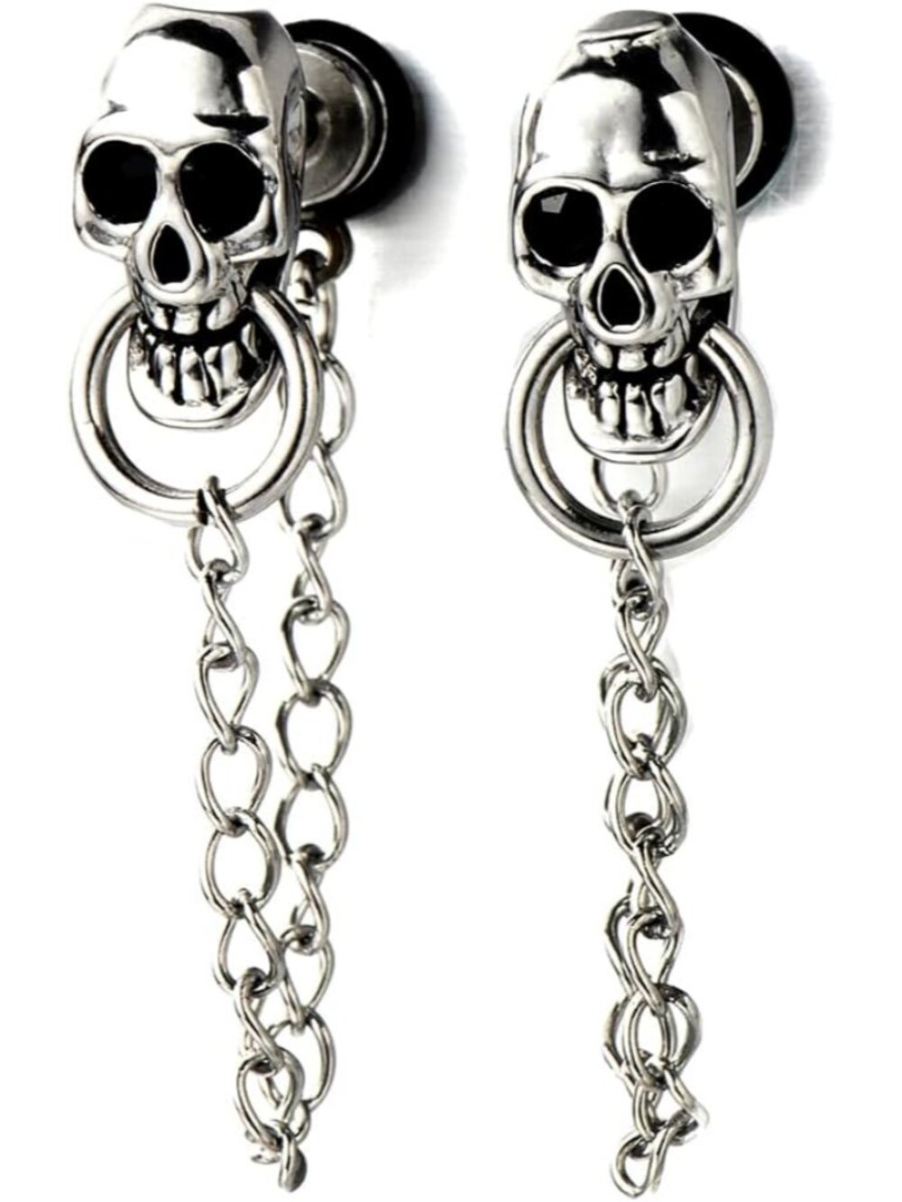 Mens Women Skull Chain Stud Earrings Drop Dangle, Stainless Steel, Screw Back, 2